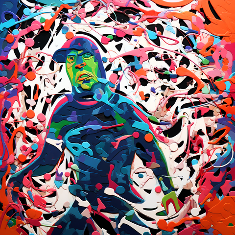 A layered, abstract image with a central figure that resembles a baseball player surrounded by a flurry of colorful, chaotic shapes.
