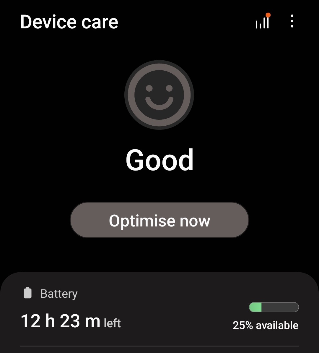 screenshot of Samsung A54's battery status screen. with 25% of battery left, the remaining battery time is 12h23m. (with "good" optimisation state)