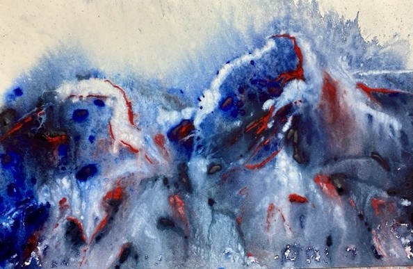Paysage abstrait aquarelle et encre tons de bleu et rouge froid avec des marques blanches. Sensation de feu de glace.