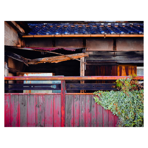 A dilapidated wooden structure in Nagoya basks in the paradox of its existence, where peeling paint and weathered wood conspire to create an unexpectedly elegant tapestry. The rich reds and contrasting blues of the tiles above form a muted symphony, complemented by an ivy accompaniment creeping up the side—a visual sonata of disrepair and grace.