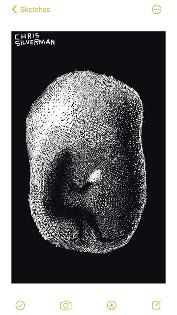 An irregularly shaped, translucent object, sort of a potato-shaped lump of frosted glass or ice. Sitting inside the object is a blurry figure of a person holding a glowing object in their hand; perhaps a phone. The drawing is white lines on a black background.