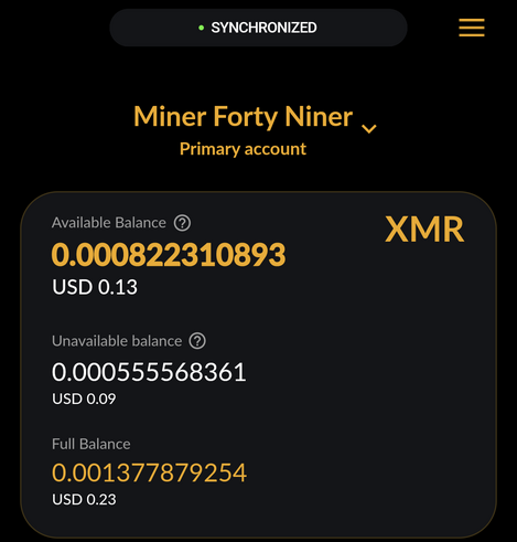 A screenshot of my "Cake Wallet". The wallet name is "Miner Forty Niner". The current balance is $0.13, with another $0.10 listed as pending.