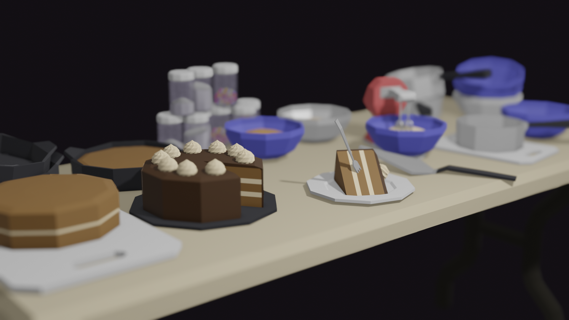 A low poly table messily filled with bowls, pans, mixers, and cakes in various stages of assembly.