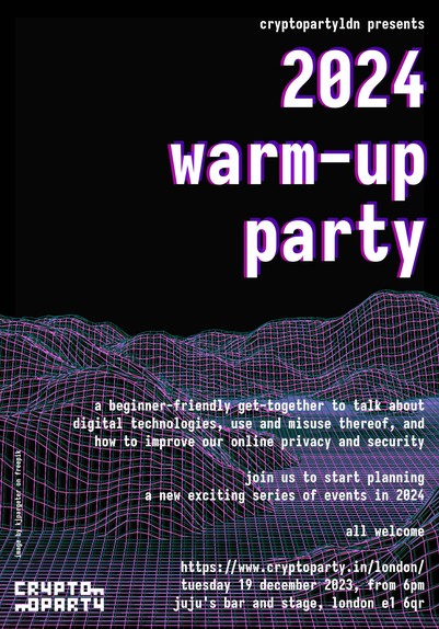 CryptoParty London poster Tue 19 Dec 2023 Juju's Bar & stage