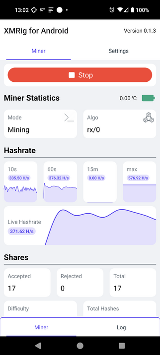 A screenshot of "XMRig for Android".