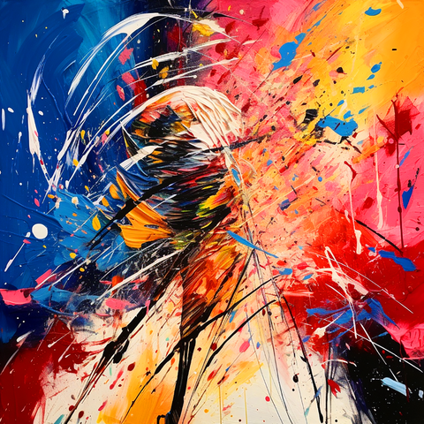 The image is a vibrant abstract expressionist painting that evokes the dynamic motion of a baseball player in action, depicted through explosive brush strokes and a vivid spectrum of colors.