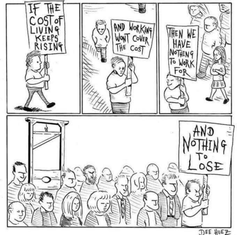 A hand drawn political cartoon, black ink on white background. A figure in frames on the page, saying, while protesting: If the cost of living keeps rising // and working won’t cover the cost // then we have nothing to work for //  and nothing to lose. In the final frame everyone is assembled next to a Guillotine.