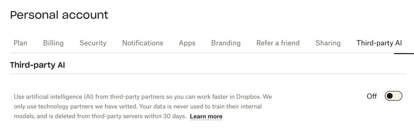 Screenshot of Dropbox dashboard with AI disabled.