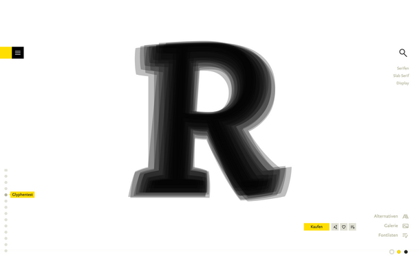 Typographic overlay of the uppercase letter R in all font weights of the font "FF Tisa" as part of the fontshop.com webdesign, screenshot.