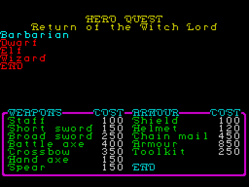 Screenshot of Hero Quest on the ZX Spectrum but with the Odin font