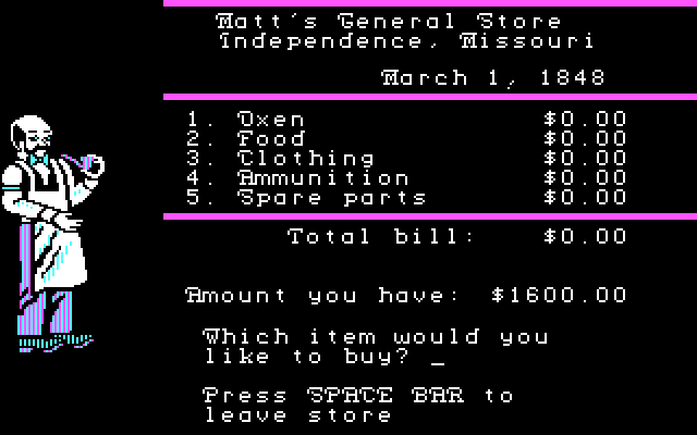 Screenshot of The Oregon Trail on the CGA PC in DOS but with the Odin font