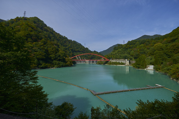 A Lake formed by the Kurobe Gorge hydroelectric system. Green and turning red trees fill the sides of the picture, a bright yellow string of buoys crosses the bright turquoise water. A vivid red bridge is in the centre of the picture.