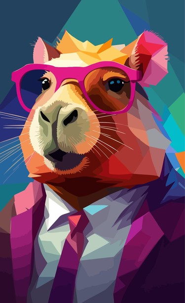 The painting depicts a WPAP-style capybara boss, with vibrant and bold colors creating a striking and dynamic portrait. The capybara is portrayed as a confident and powerful figure, exuding authority and leadership.