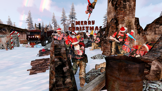 Briefingbild der Mission - Merry Christmas im Hintergrund und im Vordergrund Weihnachtshelfer im Feuergefecht