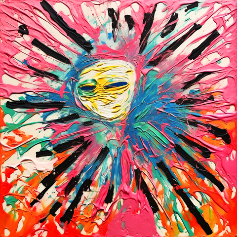 Explosive abstract painting with central yellow face wearing baseball hat and radiating, vibrant strokes of pink, blue, and black.