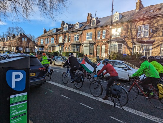 Pro-ceasefire cyclists with Palestinian flags.