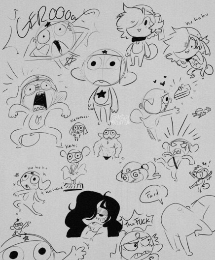 Digitally drawn sketch page consisting of the characters from Keroro Gunsou / SGT Frog, as well as a couple of doodles of an original character in a keronian form. 