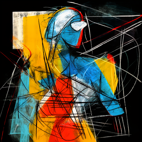 Modern abstract composition with a blue figure wearing a baseball hat against a yellow and black background, intersected by dynamic white lines.