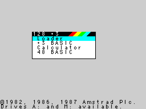Screenshot of the ZX Spectrum +3 start-up menu but with the Uni9 font