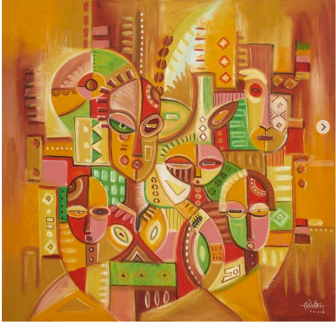 a painting done in citrus oranges and yellows and gold, there are faces looking at the viewer done in an african mask-inspired style, there are sections of green, different shapes and patterns all over 