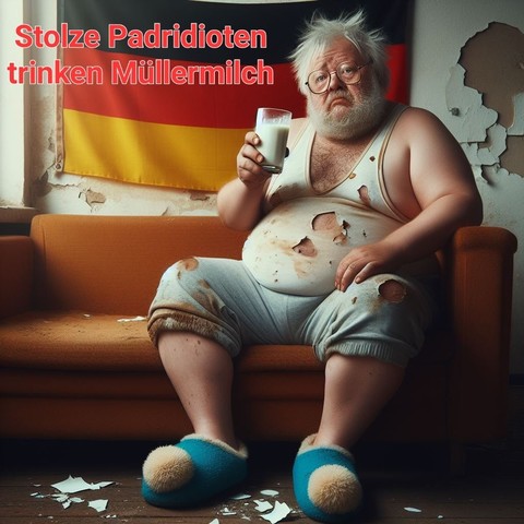 Generated Alttext:

Stolze Pädrioten trinken Müllermilch

In dem Bild sieht man eine Person männlichen Geschlechts auf einem orangefarbenen Sofa sitzend. Der Hintergrund wird teilweise von einer Flagge in Schwarz, Rot und Gold dominiert, die an der Wand hängt und am oberen Rand eingerissen ist. Die Wand selbst zeigt abgeplatzten Putz und gibt den Blick auf eine darunterliegende Schicht frei. Die Person trägt ein weißes Unterhemd und eine graue Jogginghose, beides mit zahlreichen Flecken übersät. Das Unterhemd weist Löcher auf und zeigt teilweise die Haut der Person. Auf den Füßen trägt die Person blaue Hausschuhe mit gelben Bommeln. In der linken Hand hält die Person ein Glas mit einer weißen Flüssigkeit, vermutlich Milch. Auf dem Boden vor dem Sofa sind weiße Scherben verstreut, was darauf hindeutet, dass vor kurzem ein Glas oder eine ähnliche Ware zerbrochen ist. Die gesamte Szene erscheint unordentlich und verwahrlost.