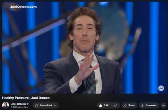 Healthy Pressure | Joel Osteen
https://www.youtube.com/watch?v=YIO8MhEfARw

208,279 views  11 Dec 2023  #JoelOsteen
Don’t fight the pressure; embrace it. Use it as fuel to go further, to believe bigger, to trust that God is in control.

🛎 Subscribe to receive weekly messages of hope, encouragement, and inspiration from Joel! https://bit.ly/JoelYTSub

Follow #JoelOsteen on social 
Twitter: https://Bit.ly/JoelOTW 
Instagram: https://BIt.ly/JoelIG 
Facebook: https://Bit.ly/JoelOFB