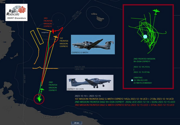 Karte zeigt die Flugbahnen der Frontex Flugzeuge OSPREY 1 & OSPREY 2 vom 14. - 15. Dezember von Lampedusa aus zu dem Seenotfall in internationalen Gewässern nördlich von Zuwarah.