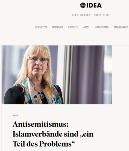Screenshot von idea mit einem Foto von Susanne Schrörter und der Schlagzeile: „Antisemitismus: Islamverbände sind „ein Teil des Problems“