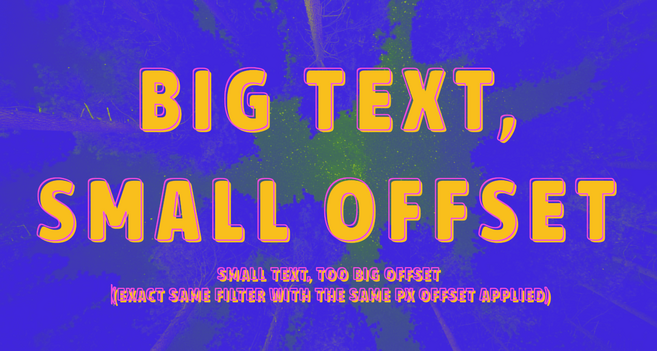 Screenshot of the case when the SVG shadow offsets are set in px. Shows big size text and small size text, both with the exact same shadow applied via the exact same SVG filter that sets the shadow offsets in px. These offsets look kinda small for the big size text, almost unnoticeable, but they are way too big for the small size text, making it hard to read.