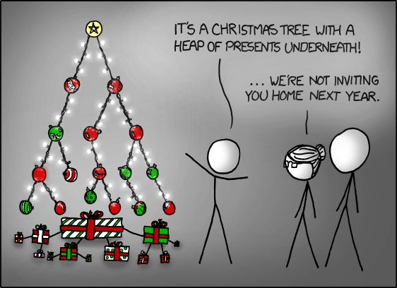 The comic humorously talks about a Christmas tree that's also a binary search tree.   

There is a binary Christmas tree, with each node a ball, and lights strung between parent and child nodes. Beneath it is a heap of presents - sorted with the largest on top, smaller presents connected to it with string. Next to the tree is Cueball and his parents, Hairbun and another Cueball.

Cueball: It's a Christmas tree with a heap of presents underneath!

Mother: ...We're not inviting you home next year.