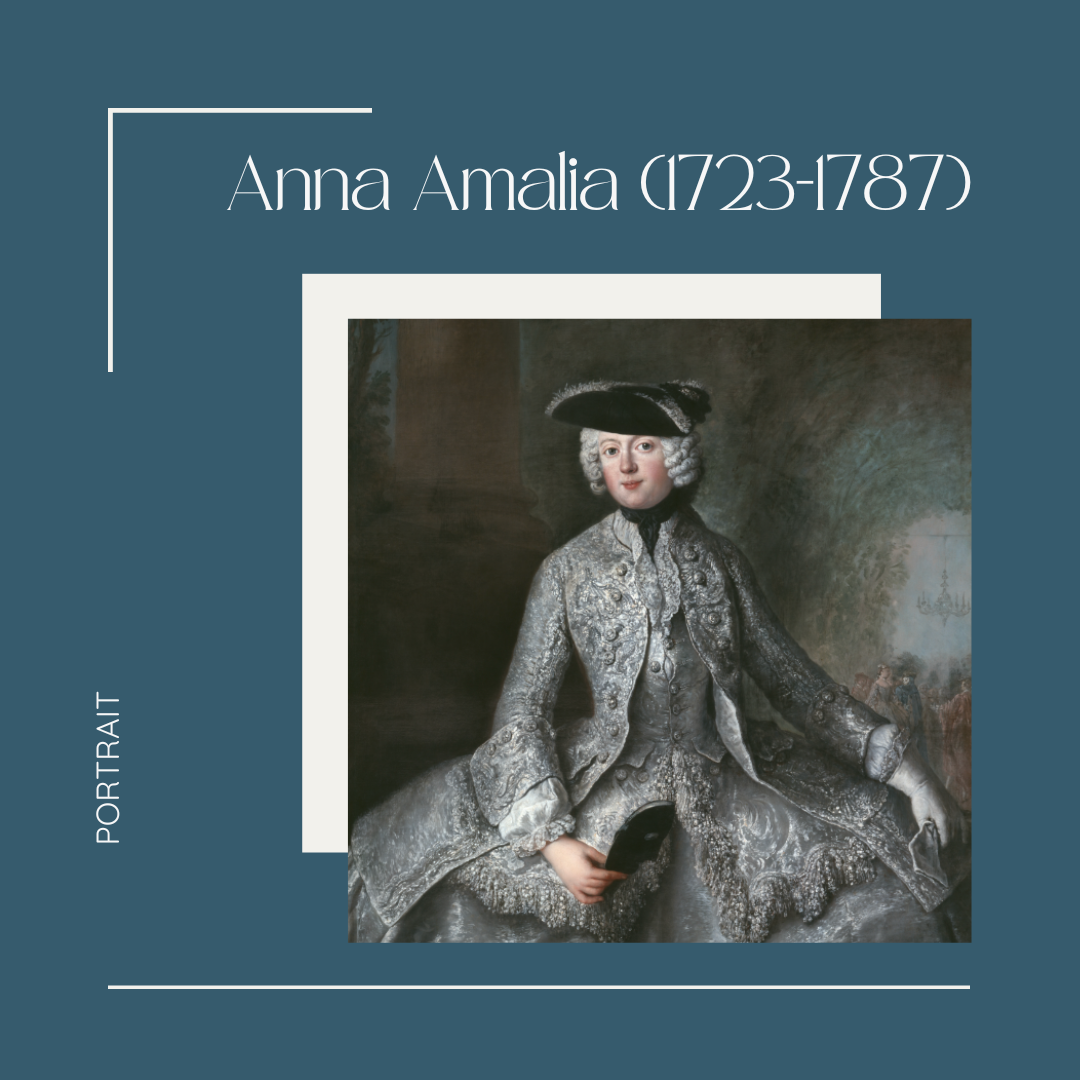 Fond bleu gris, portrait de la princesse en amazon, titre : Anna Amalia (1723-1787), portrait.
