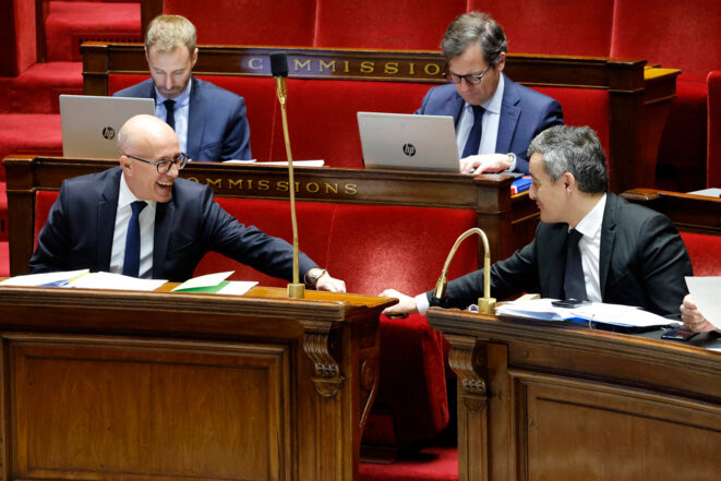 Éric Ciotti et Gérald Darmanin, le 7 décembre à l'Assemblée nationale © Photo Ludovic Marin / AFP