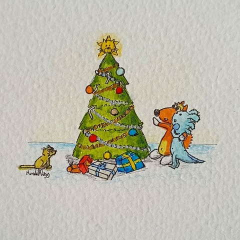 Gribouillons d'un sapin de Noël avec nous à côté 