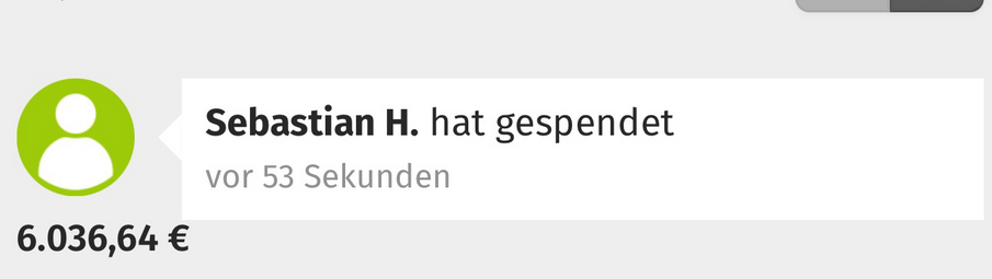Screenshot von Betterplace.org: Sebastian H. hat gespendet 6036,64€