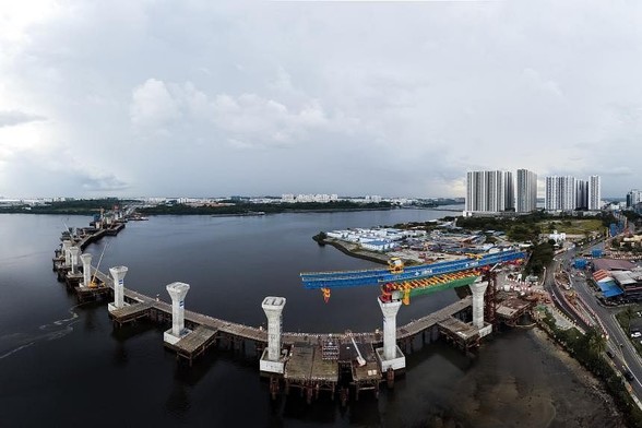 The RTS Link's rail viaduct and trestle bridge taking shape across the Strait of Johor. / Photo from linked article.