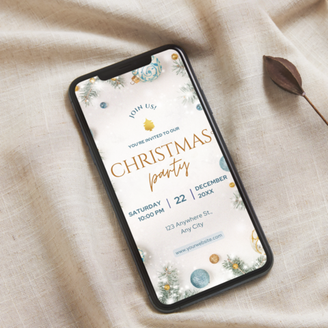 Welcome to our Christmas Party E-invite Template! Create a sleek and contemporary atmosphere for your holiday celebration with our digital phone invitation, perfect for an electronic mobile gathering. This Editable Canva Design allows you to personalize every detail effortlessly.