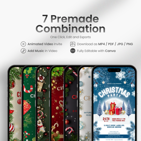 Welcome to our Christmas Party E-invite Template! Create a sleek and contemporary atmosphere for your holiday celebration with our digital phone invitation, perfect for an electronic mobile gathering. This Editable Canva Design allows you to personalize every detail effortlessly.