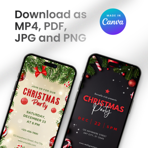 Welcome to our Christmas Party E-invite Template! Create a sleek and contemporary atmosphere for your holiday celebration with our digital phone invitation, perfect for an electronic mobile gathering. This Editable Canva Design allows you to personalize every detail effortlessly.