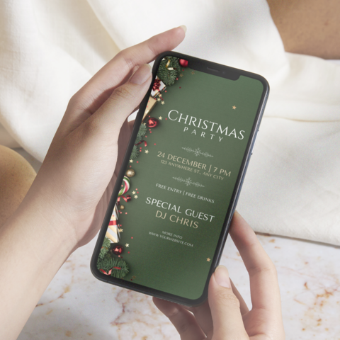 Welcome to our Christmas Party E-invite Template! Create a sleek and contemporary atmosphere for your holiday celebration with our digital phone invitation, perfect for an electronic mobile gathering. This Editable Canva Design allows you to personalize every detail effortlessly.