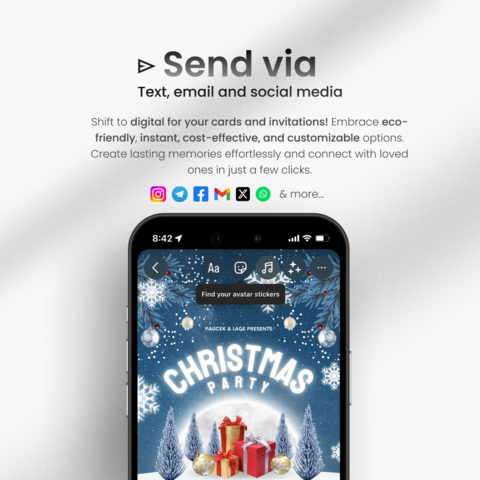 Welcome to our Christmas Party E-invite Template! Create a sleek and contemporary atmosphere for your holiday celebration with our digital phone invitation, perfect for an electronic mobile gathering. This Editable Canva Design allows you to personalize every detail effortlessly.