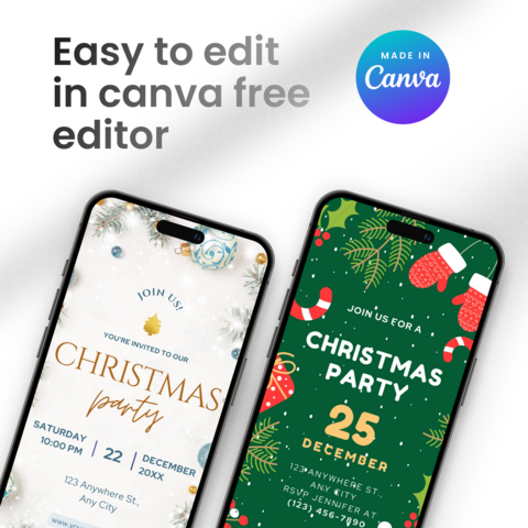 Welcome to our Christmas Party E-invite Template! Create a sleek and contemporary atmosphere for your holiday celebration with our digital phone invitation, perfect for an electronic mobile gathering. This Editable Canva Design allows you to personalize every detail effortlessly.