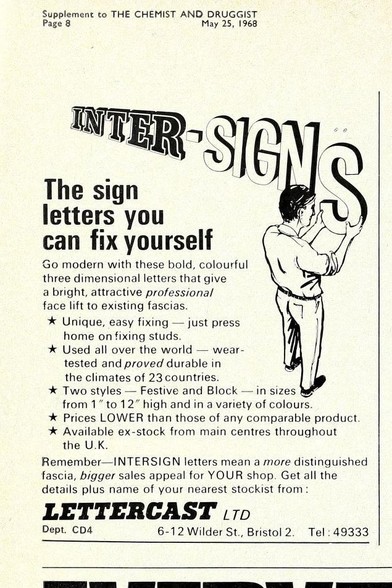 A 1968 advert for inter-signs: the sign that is you can fix yourself, from Lettercast.