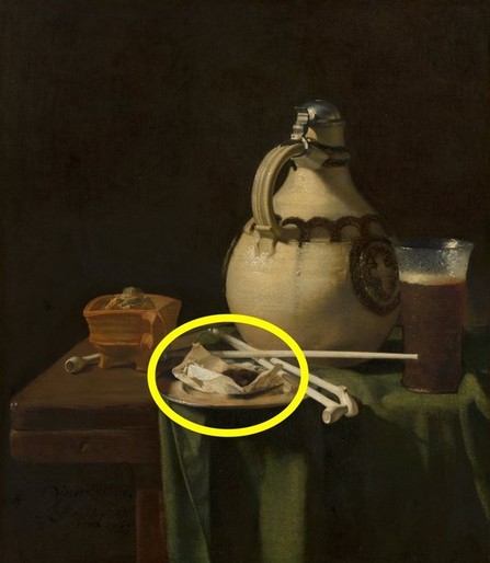 Painting from Pieter van Anraedt of mid seventeenth-century: "Still Life with Earthenware Jug and Clay Pipes" from 1658. You see a table with a beer glass, a few clay pipes, and a paper packet of tobacco. 