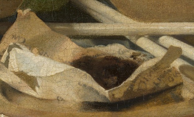 Detail of the painting showing the paper used for wrapping up tobacco. 