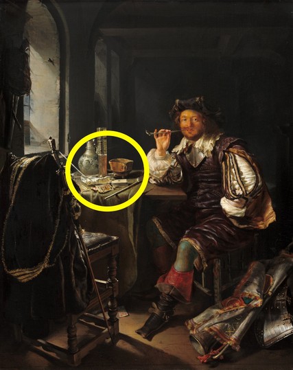 Painting "A Soldier Smoking a Pipe" from Frans van Mieris (1650s). 