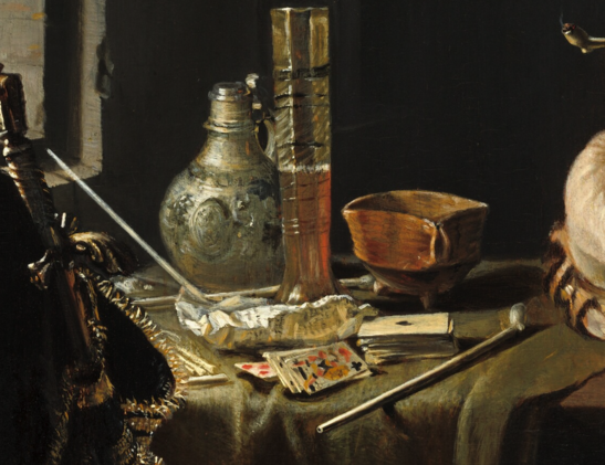 Highlighted details of the painting showing the table with the playing cards, the beer glass, and the tobacco paper.