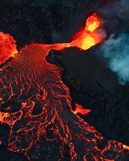 Flowing lava of Meradalir volcano in Iceland