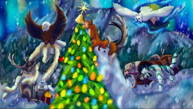 A digital painting of a group of varied forest animals decorating a holiday tree beneath the ethereal glow of the aurora. Animals include: caribou/reindeer, eagle, fox, hummingbird, puma, wolf, owl, and raven.