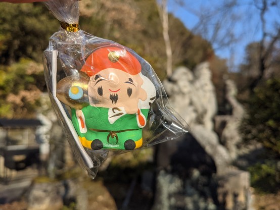 A freshly bought Daikokuten charm at Myoen-ji.