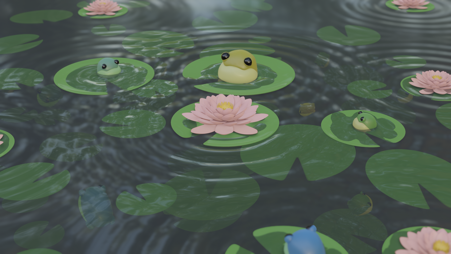 A stylised low poly scene of a water lilly surrounded by frogs of various colours sitting on lillypads. The water around the pads ripples, and more pads and frogs are visible beneath the surface, disappearing into the depths of the pond